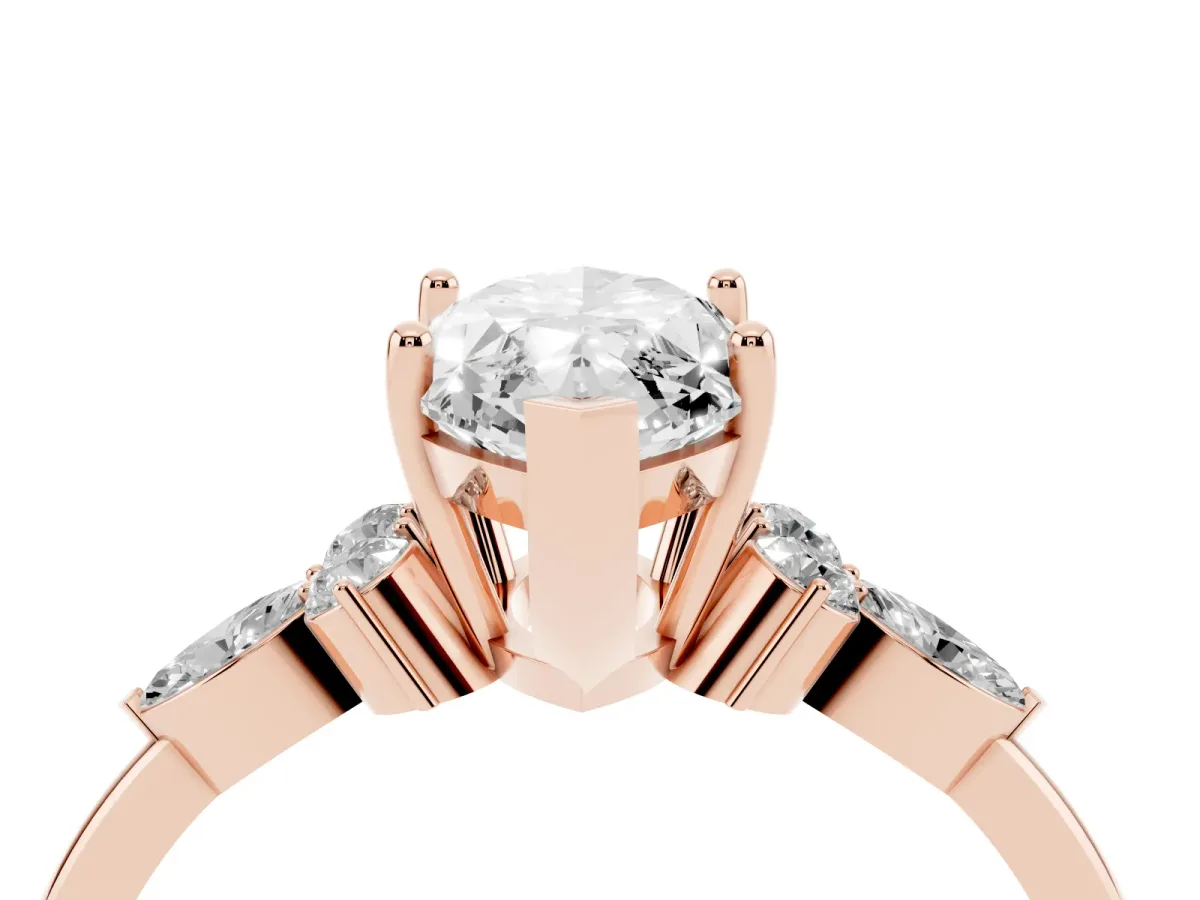 Marquise Cut Brilliant Diamond Solitaire Ring with Pear Side Stones and Four-Prong Setting Rose gold