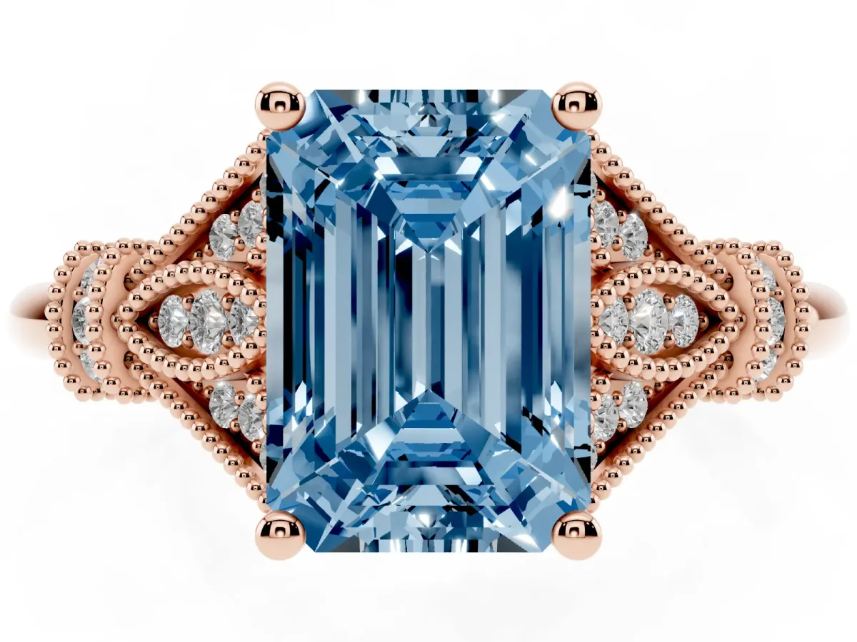 Fancy Blue Emerald Cut Diamond Solitaire Ring with Floral Filigree and Pave Accents Rose gold