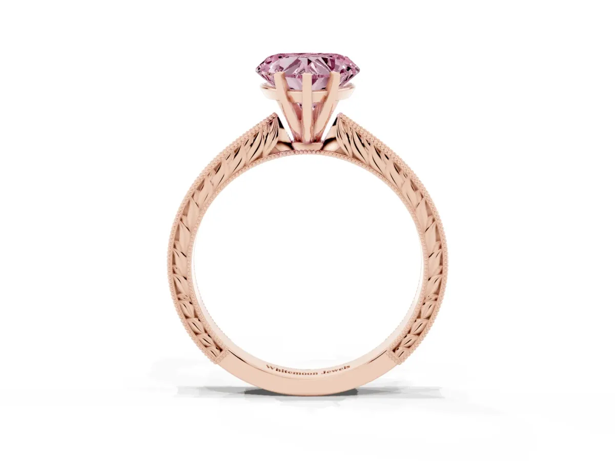 Fancy Pink Heart Cut Solitaire Milgrain Engraved Band with Four-Prong Setting Rose gold