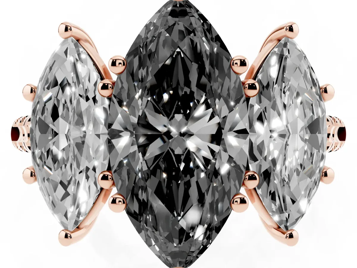 Fancy Black Three-Stone Marquise Cut Diamond Ring with Round Pavé Band and Prong Setting Rose gold