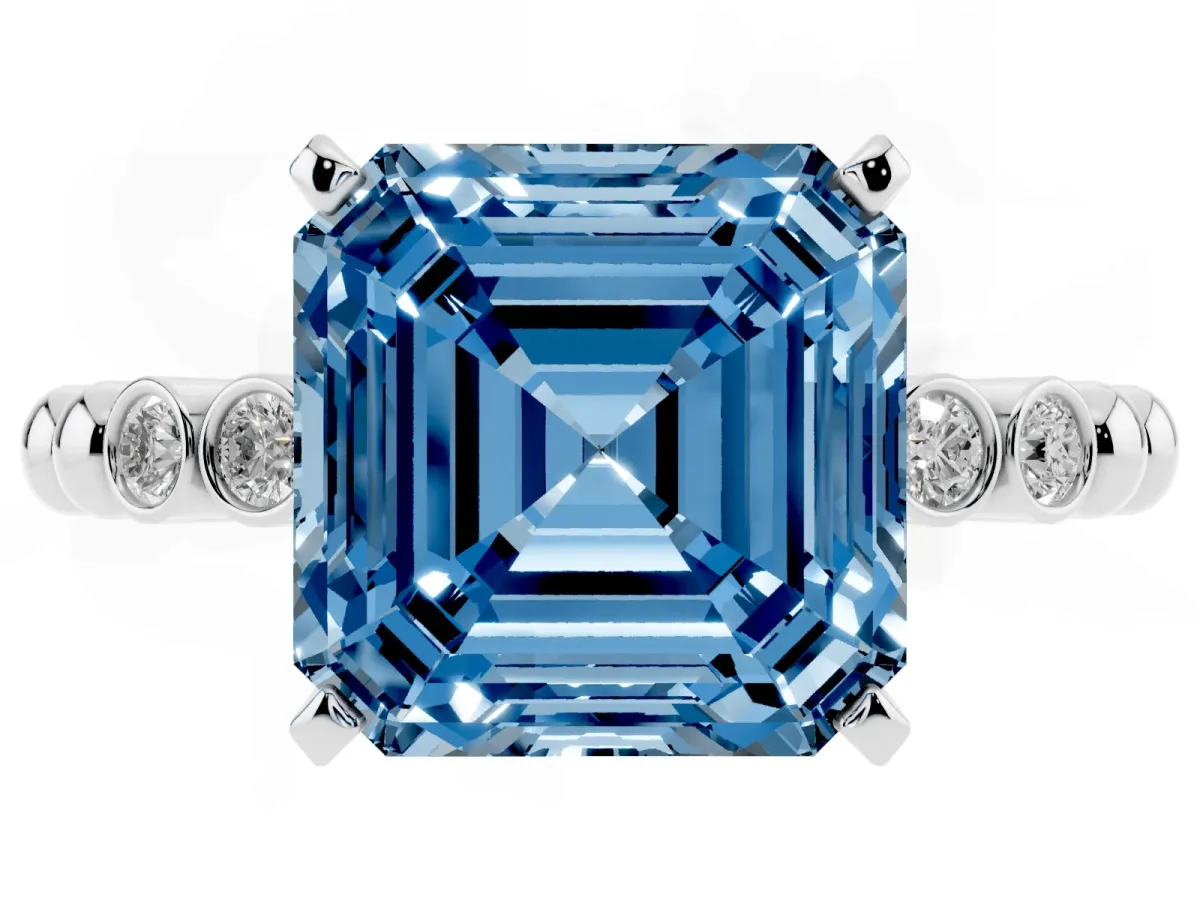 Fancy Blue Asscher Cut Solitaire Bezel Accent Diamond Engagement Ring with Beaded Band and Four-Prong Setting White gold