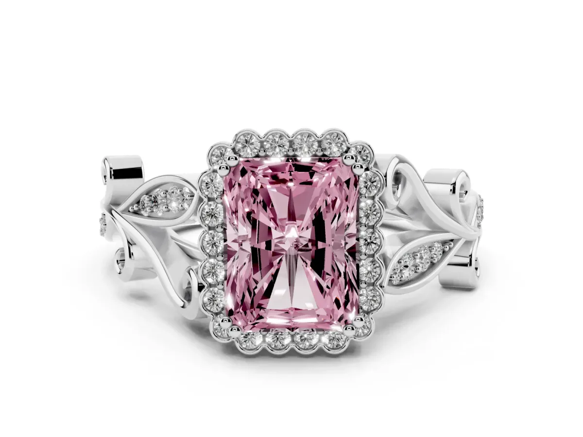 Fancy Pink Radiant Cut Diamond Halo Ring with Vintage Split Shank and Four-Prong Setting Silver