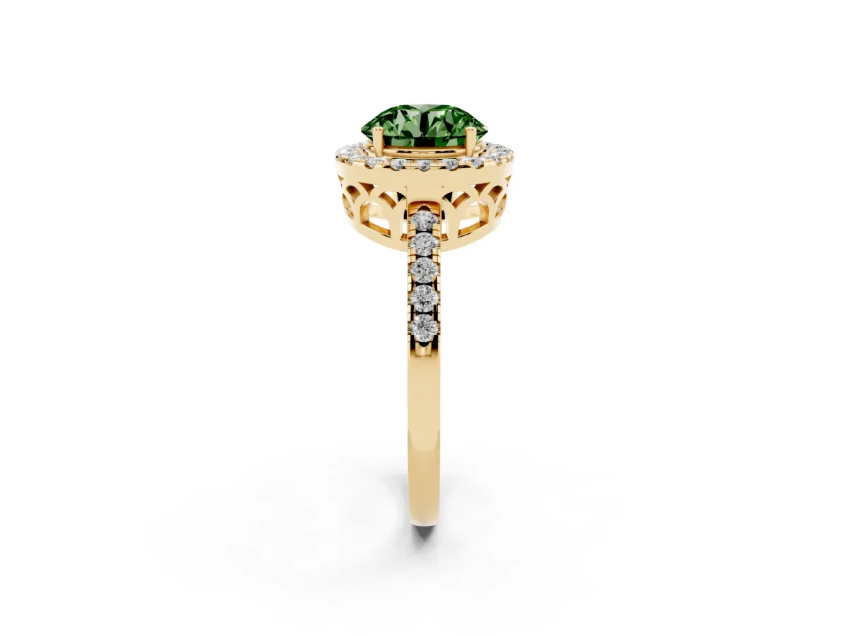 Fancy Green Round Cut Halo Diamond Engagement Ring with Pavé Band and Four-Prong Setting Yellow gold