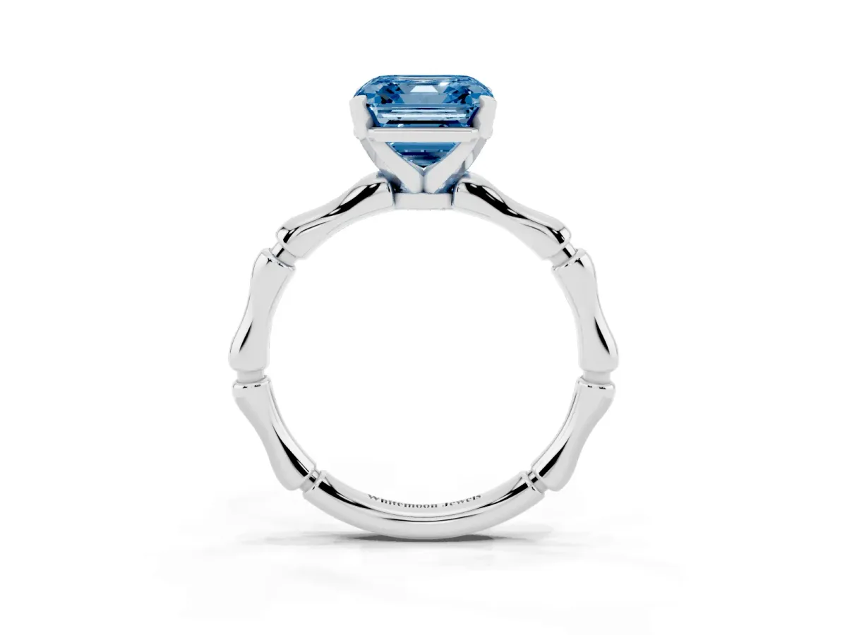 Fancy Blue Asscher Cut Solitaire Diamond Ring with Bamboo Band and Four-Prong Setting Platinum