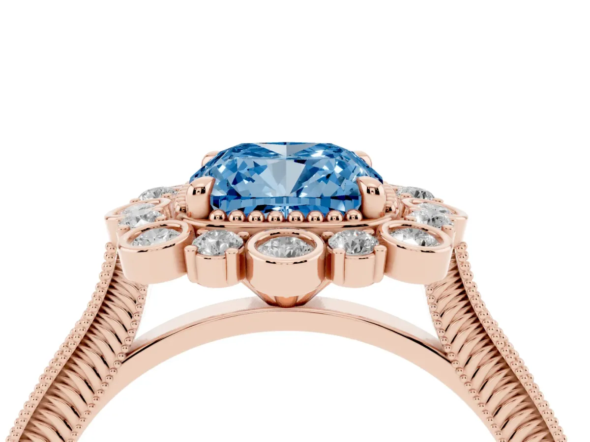 Fancy Blue Cushion Cut Halo Milgrain Pave Diamond Ring with Four-Prong Setting Rose gold