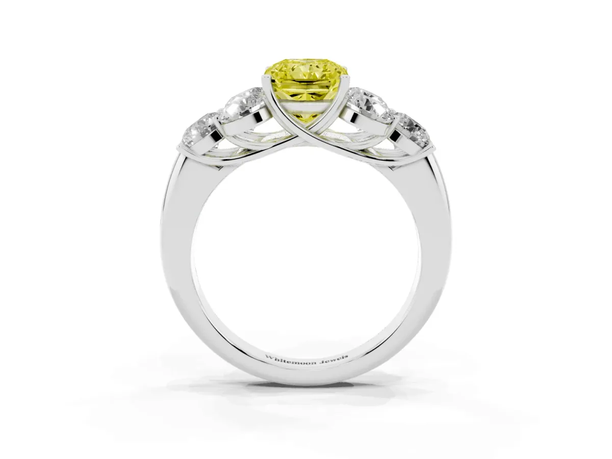 Fancy Yellow Radiant Cut Cut Diamond Cluster Ring with Round Accent Stones and Prong Setting on a Classic Band Platinum