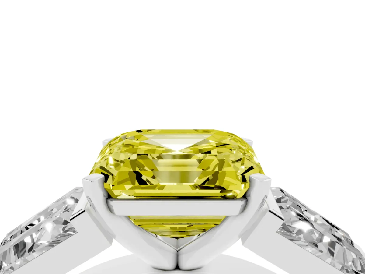 Fancy Yellow Asscher Cut Diamond Engagement Ring with Baguette Side Stones and Channel Set Band Platinum