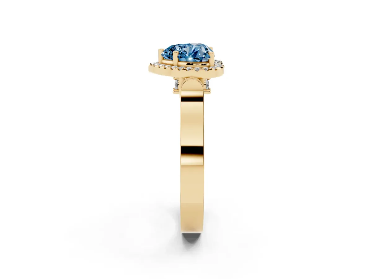 Fancy Blue Heart Cut Halo Pave Split Shank Prong Setting Ring Yellow gold