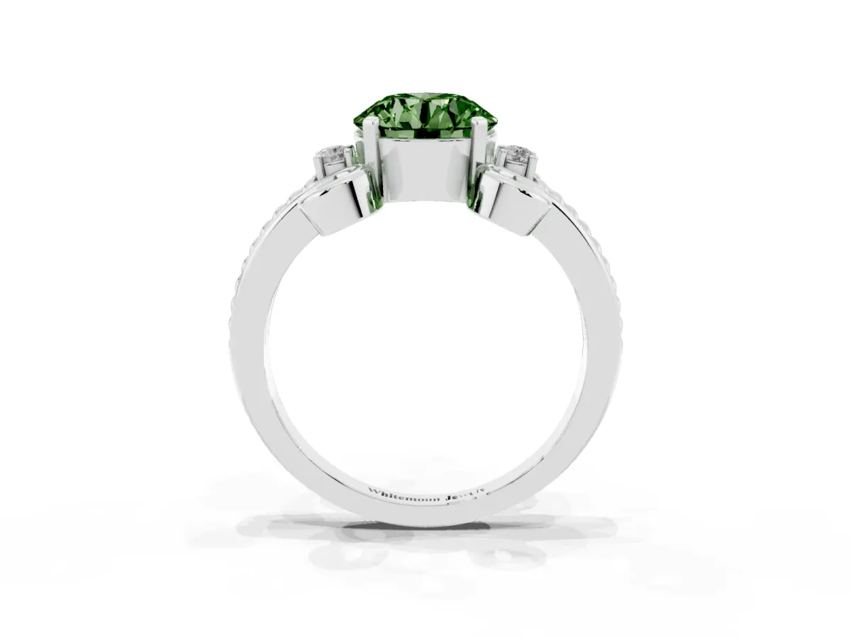 Fancy Green Round Cut Solitaire Twisted Band Scroll Prong Ring Silver