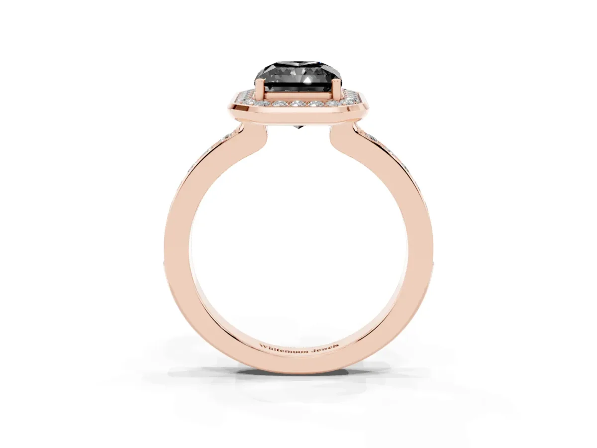 Fancy Black Radiant Cut Diamond Halo Ring with Bezel Frame and Pavé Band Rose gold