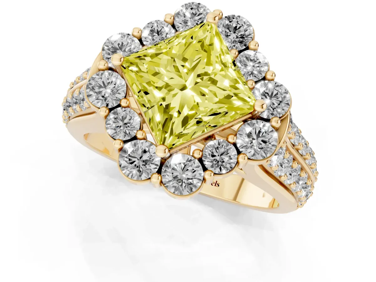 Fancy Yellow Princess Cut Halo Diamond Engagement Ring with Split Shank and Prong Setting Yellow gold