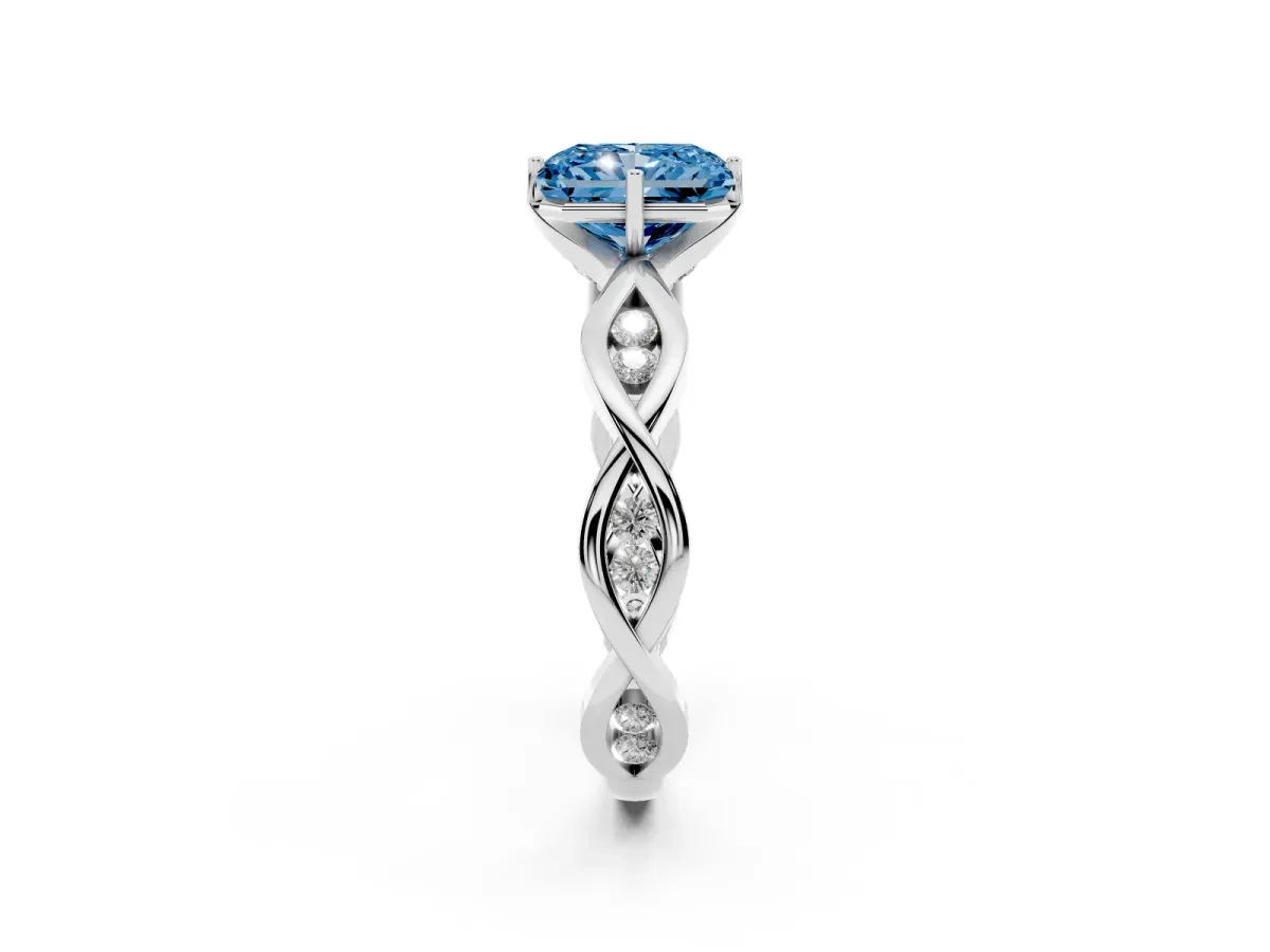 Fancy Blue Radiant Cut Solitaire Twist Band with Leaf Prong Setting Silver