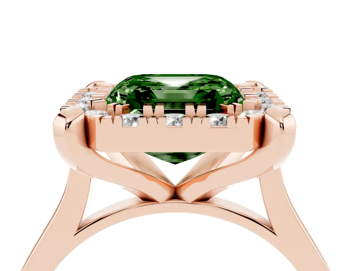 Fancy Green Asscher Cut Diamond Cluster Halo Solitaire with Four-Prong Setting Rose gold