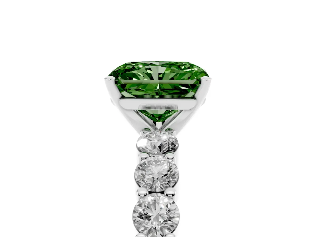 Fancy Green Radiant Cut Diamond Solitaire Ring with Shared Prong Round Side Stones Silver