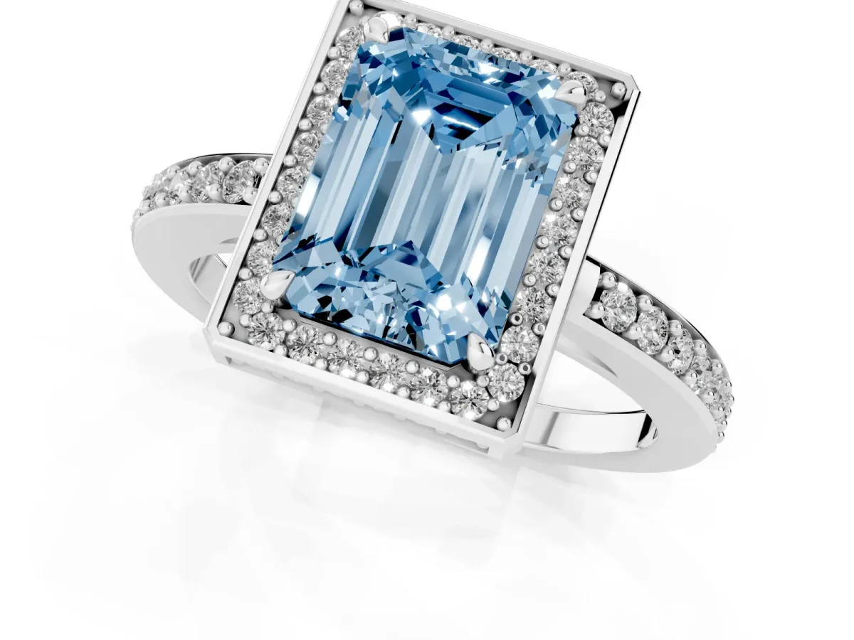 Fancy Blue Emerald Cut Halo Pave Band Solitaire Ring with Prong Setting Silver