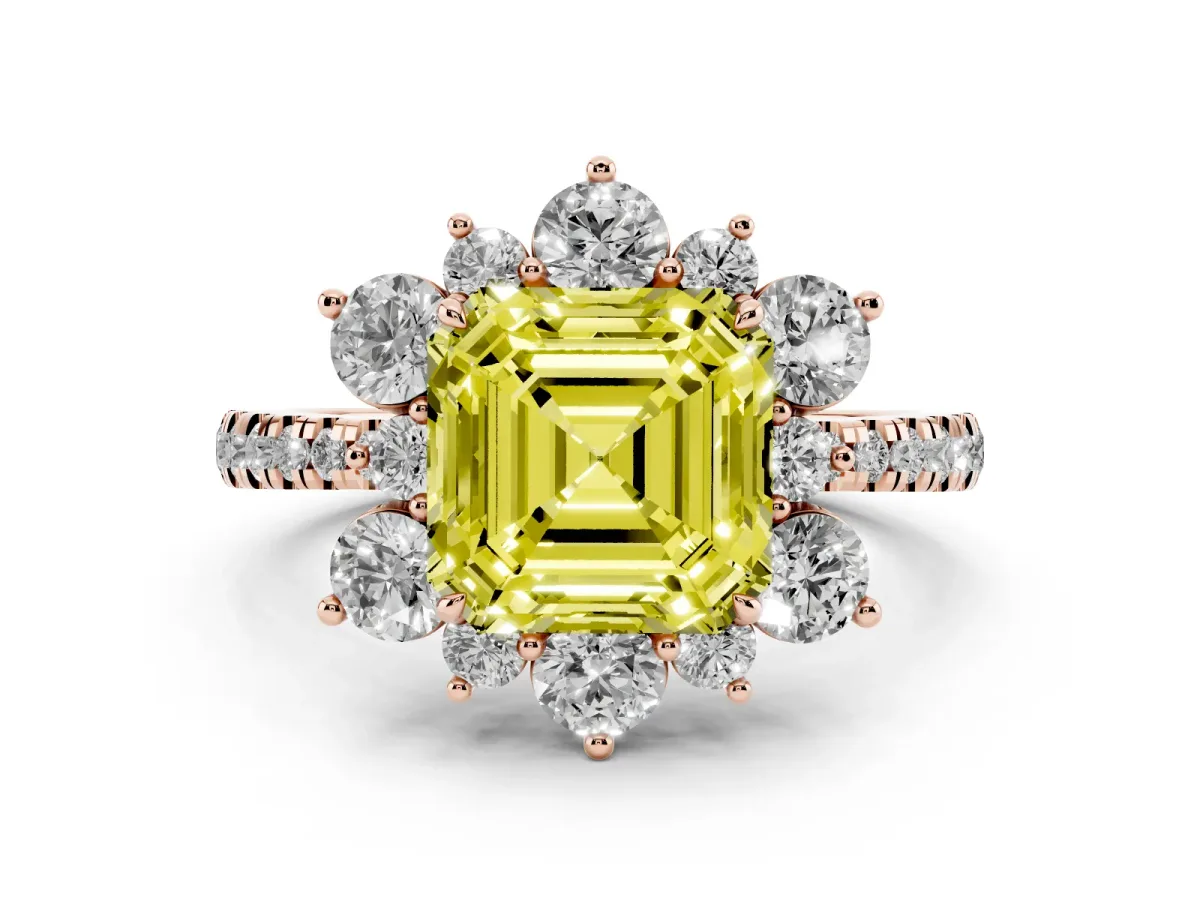 Fancy Yellow Asscher Cut Diamond Floral Halo Ring with Round Pavé Band and Prong Setting Rose gold