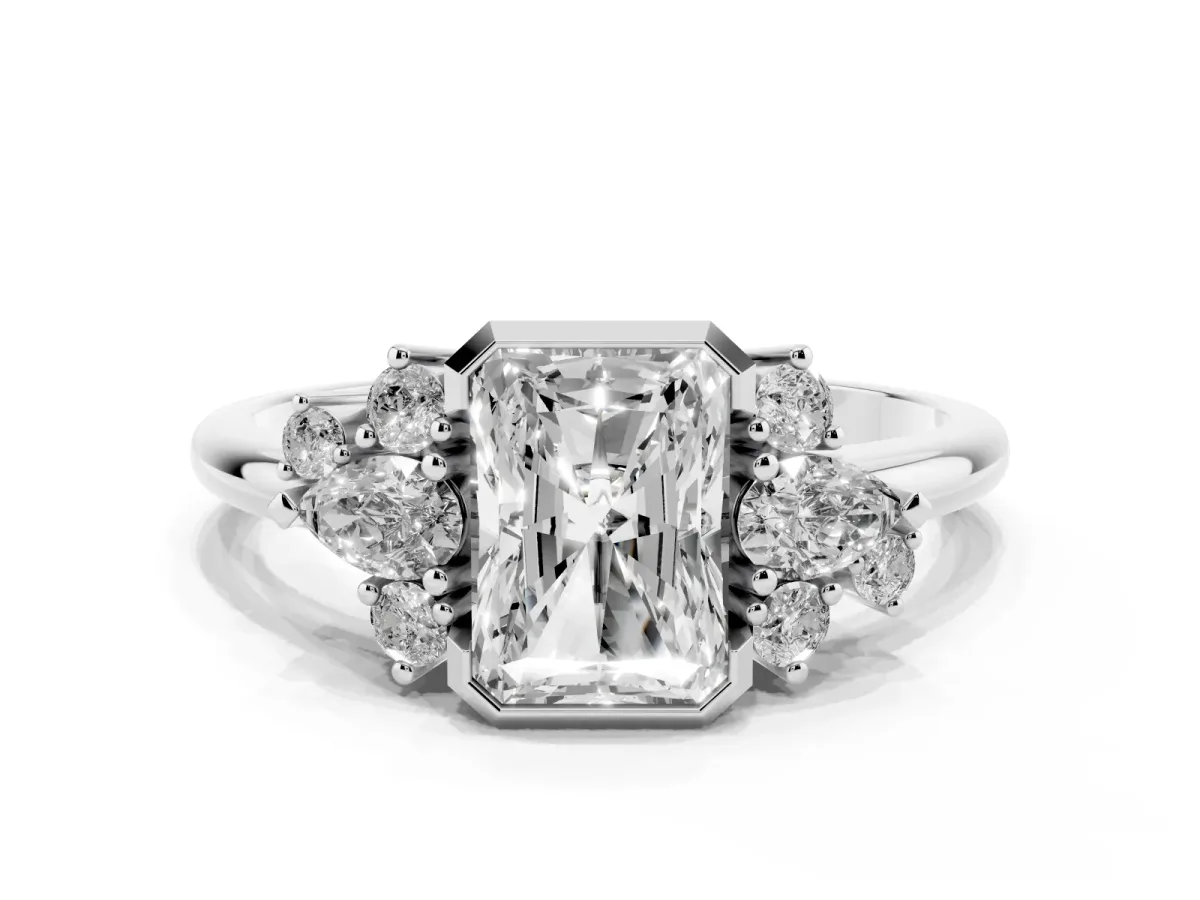 Radiant Diamond Engagement Ring with Pear and Round Side Stones Platinum