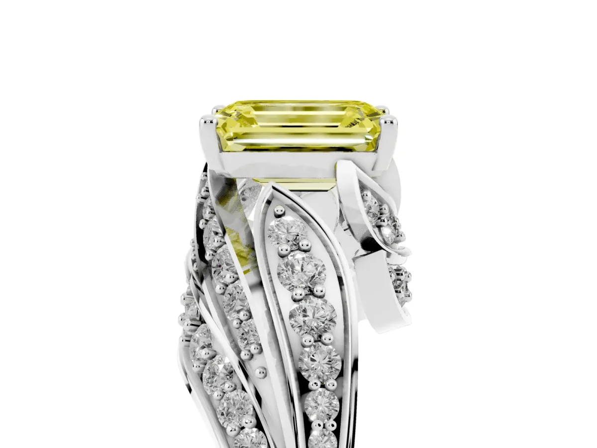 Fancy Yellow Emerald Cut Diamond Solitaire Ring with Prong Setting and Twisted Pavé Band Silver