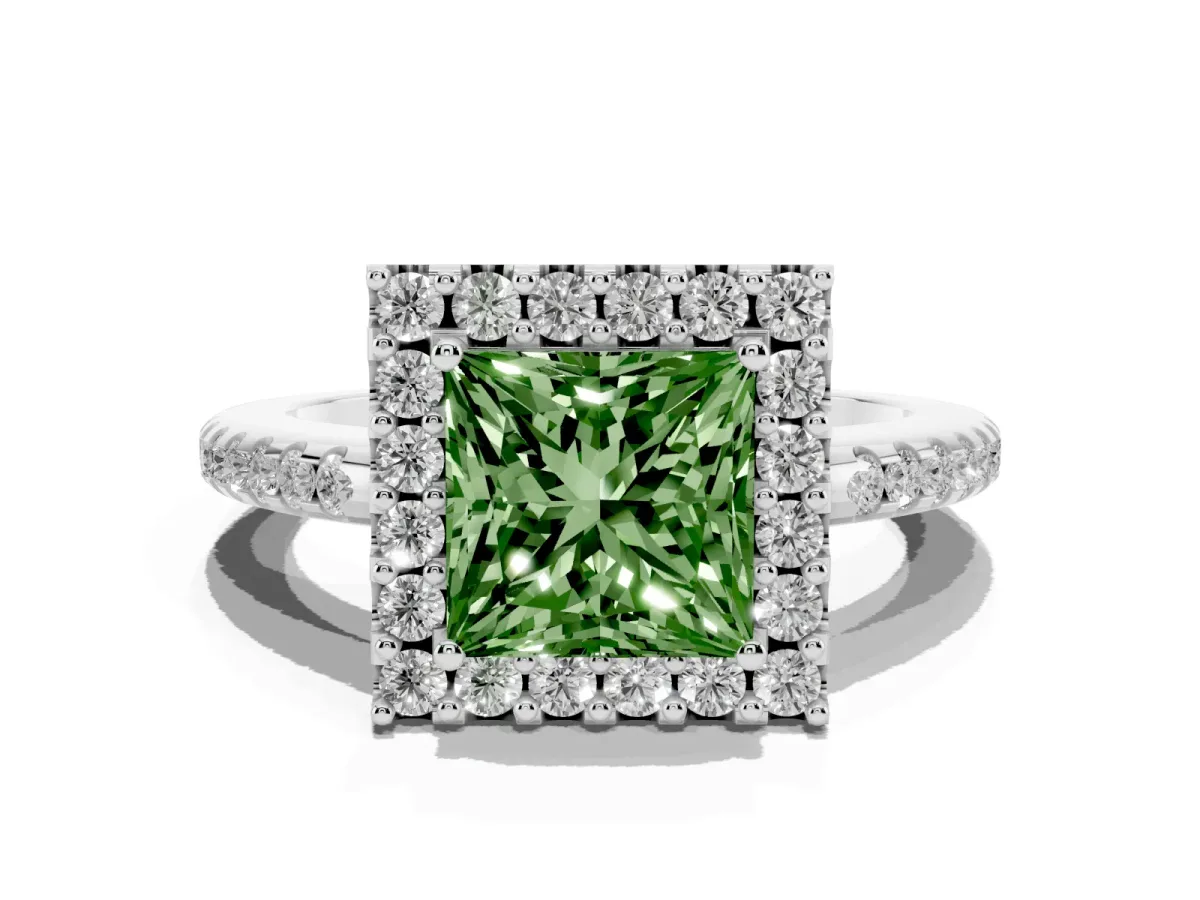 Fancy Green Princess Cut Diamond Pavé Halo Ring with Four-Prong Setting Silver