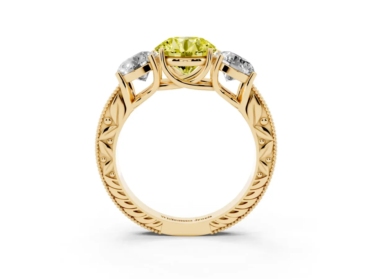 Fancy Yellow Three-Stone Round Cut Cut Milgrain Pavé Engagement Ring Yellow gold