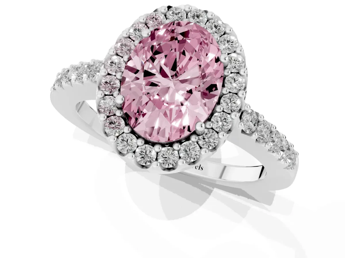 Fancy Pink Oval Cut Halo Diamond Pavé Solitaire Ring Silver
