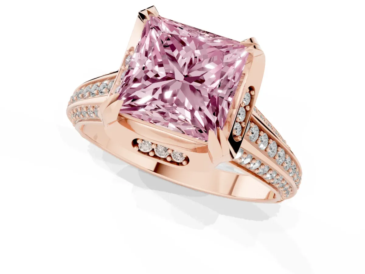 Fancy Pink Princess Cut Solitaire Pave Split Shank Ring with Four-Prong Setting Rose gold