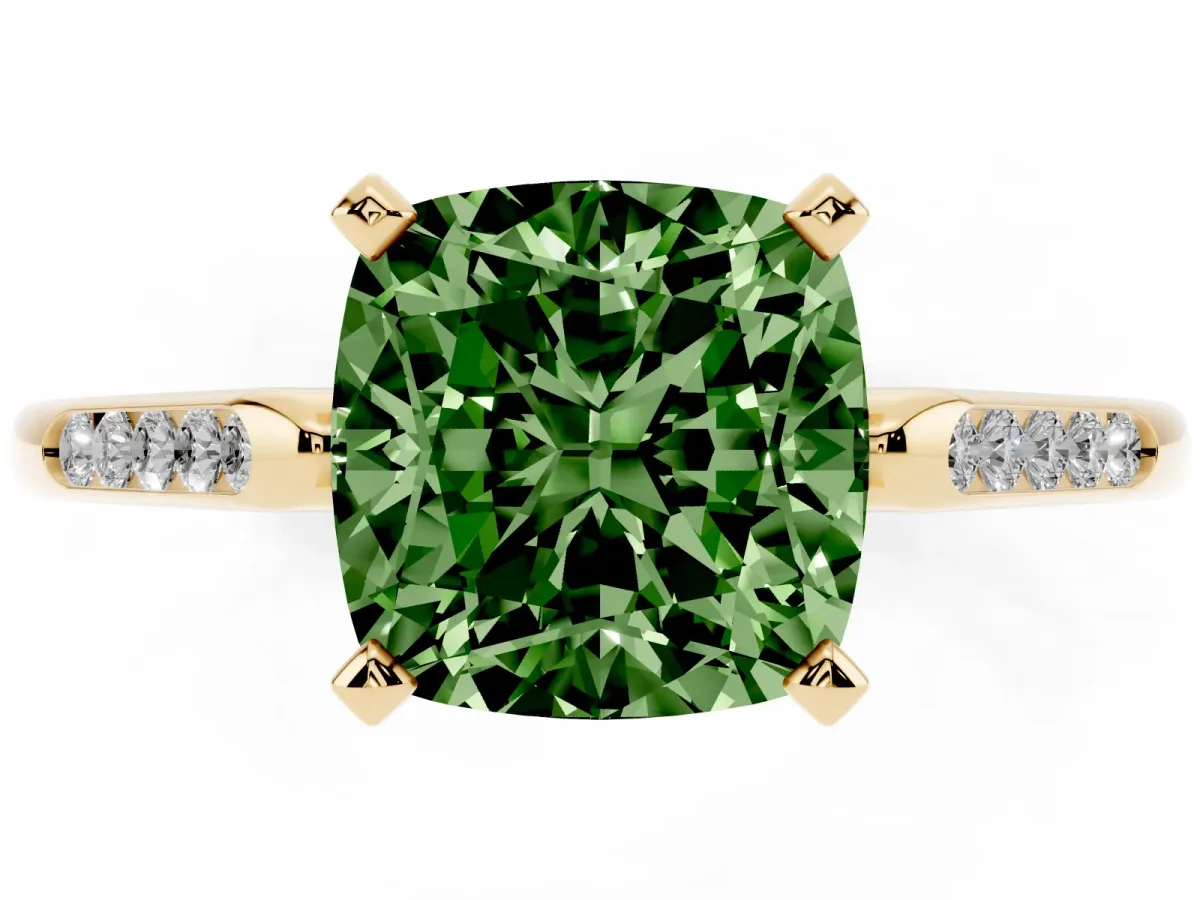 Fancy Green Cushion Cut Diamond Solitaire Ring with Channel Set Round Band and Prong Setting Yellow gold