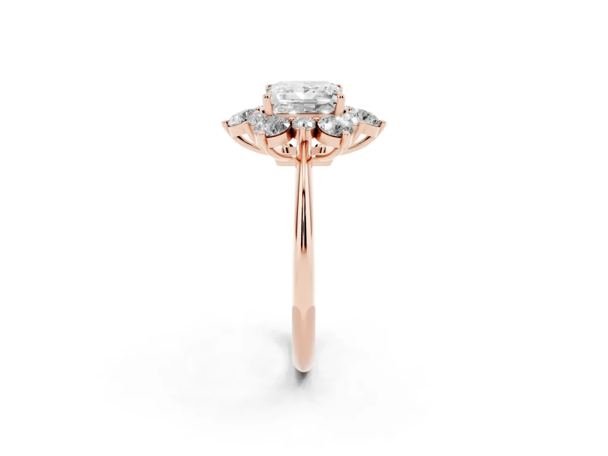 Princess Cut Diamond Cluster Halo Ring with Solitaire Band and Four-Prong Setting Rose gold