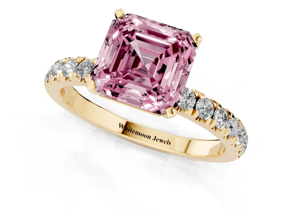 Fancy Pink Asscher Cut Diamond Solitaire Ring with Pavé Accents and Four-Prong Setting Yellow gold
