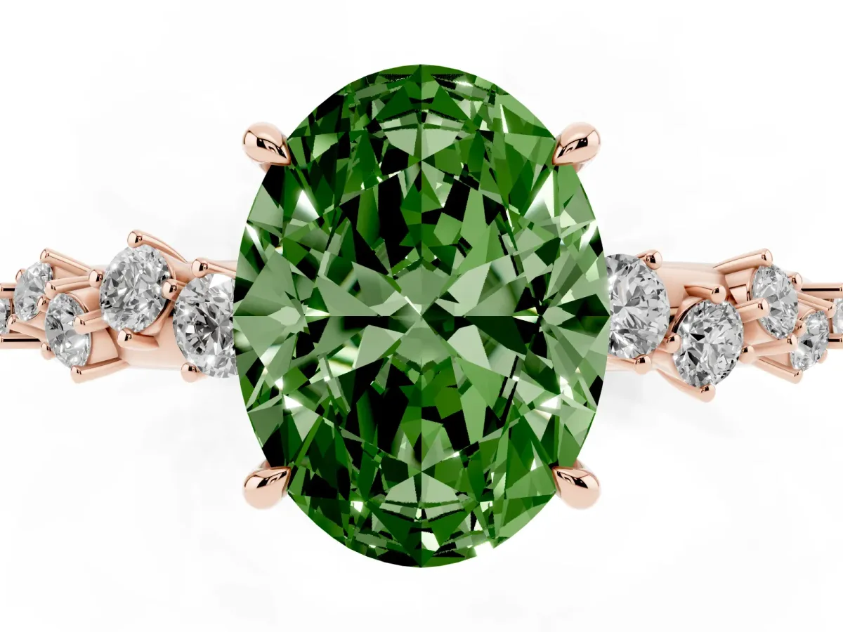 Fancy Green Oval Cut Diamond Cluster Side Stone Solitaire Ring with Prong Setting Rose gold