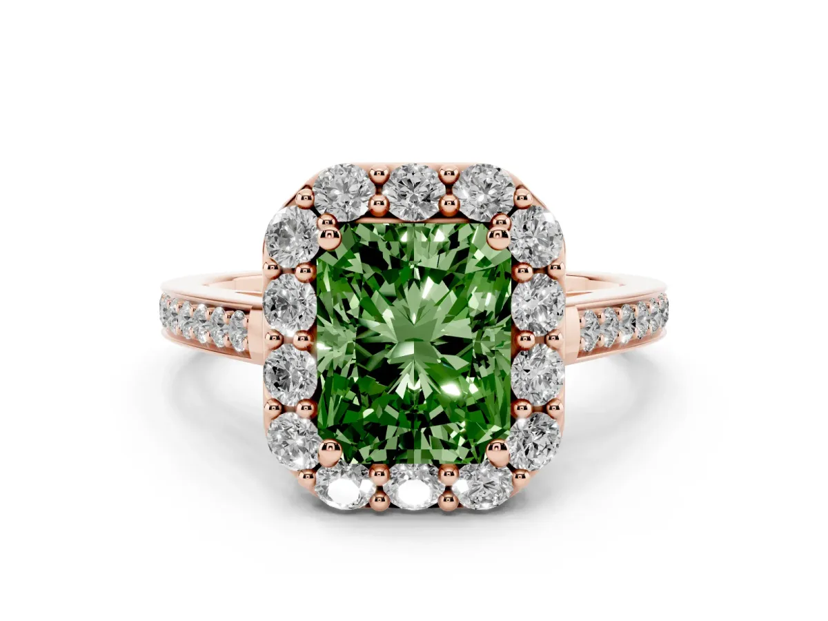 Fancy Green Radiant Cut Diamond Floral Halo Ring with Pavé Band and Prong Setting Rose gold