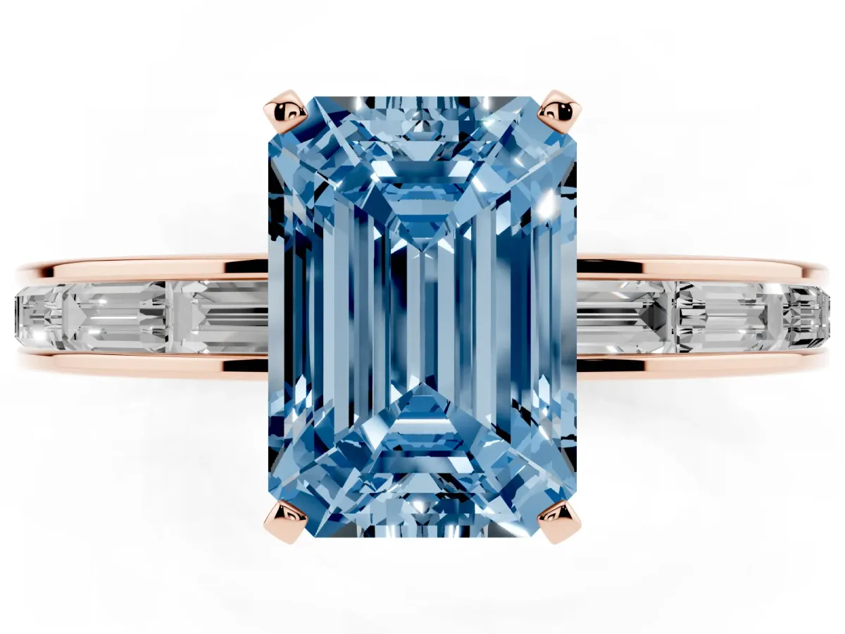 Fancy Blue Emerald Cut Solitaire Diamond Ring with Channel-Set Baguette Band and Four-Prong Setting Rose gold