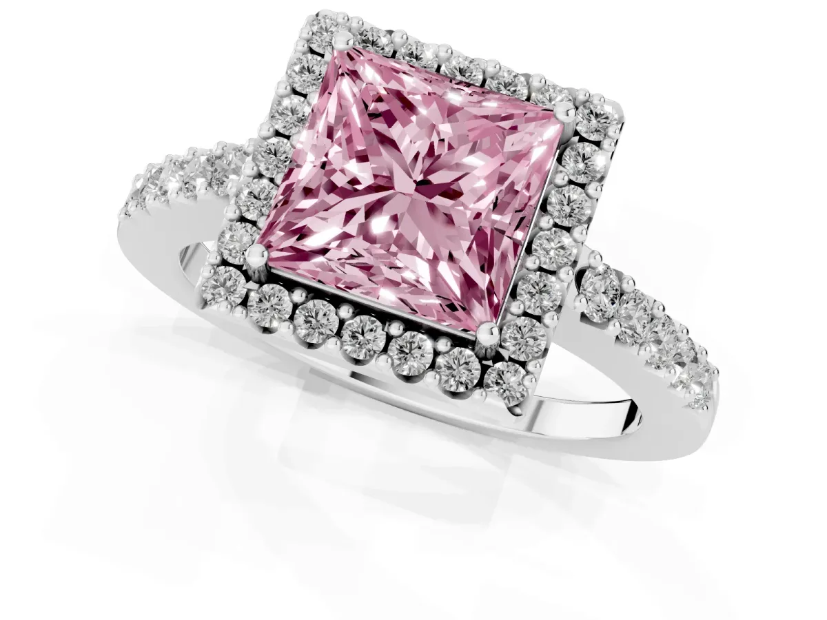 Fancy Pink Princess Cut Halo Diamond Pavé Solitaire Ring Platinum