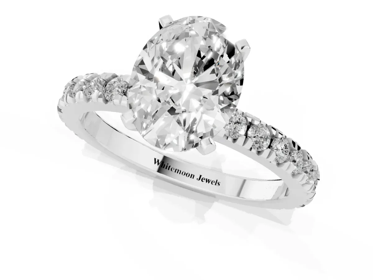Oval Cut Diamond Pavé Band Solitaire with Four-Prong Setting Silver