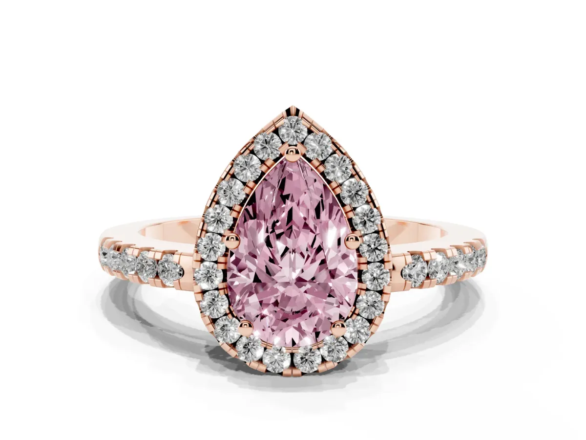 Fancy Pink Pear Cut Halo Diamond Engagement Ring with Pavé Band and Four-Prong Setting Rose gold