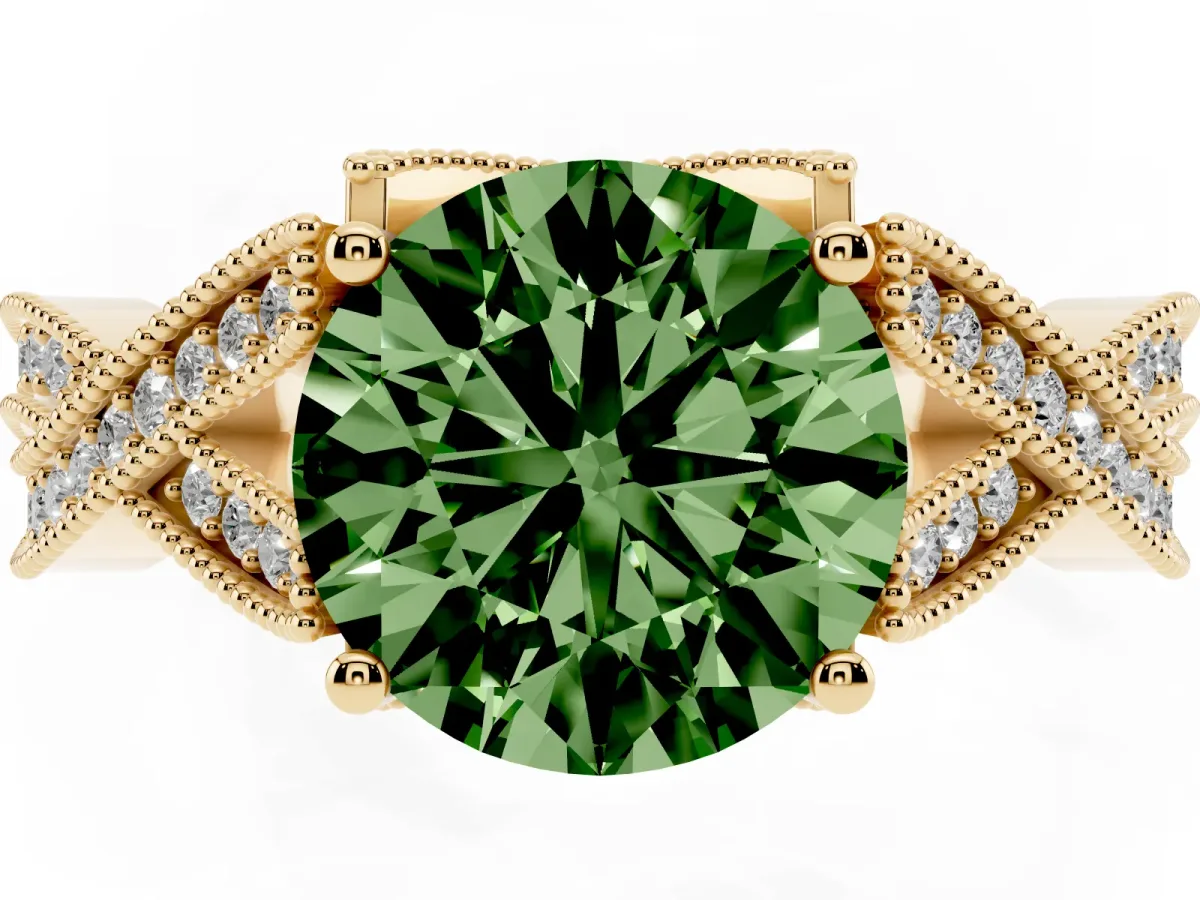 Fancy Green Round Cut Cut Diamond Twisted Band with Milgrain Pave Setting and Four-Prong Setting Yellow gold