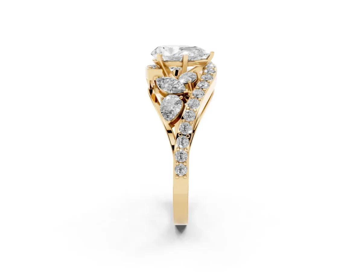 Pear Cut Diamond Halo Ring with Marquise and Pavé Band in Prong Setting Yellow gold