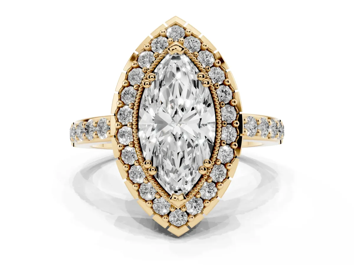 Marquise Cut Diamond Halo Ring with Pavé Band and Prong Setting Yellow gold