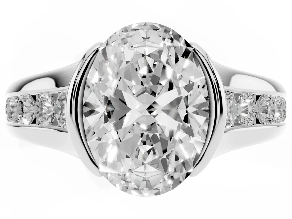 Oval Cut Solitaire Bezel-Set Diamond Ring with Channel-Set Band Silver