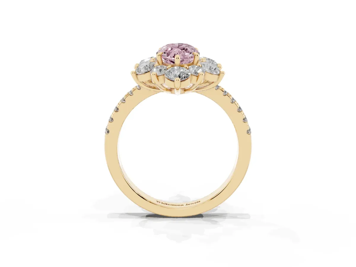 Fancy Pink Marquise Cut Diamond Floral Halo Ring with Round Pavé Band and Prong Setting Yellow gold