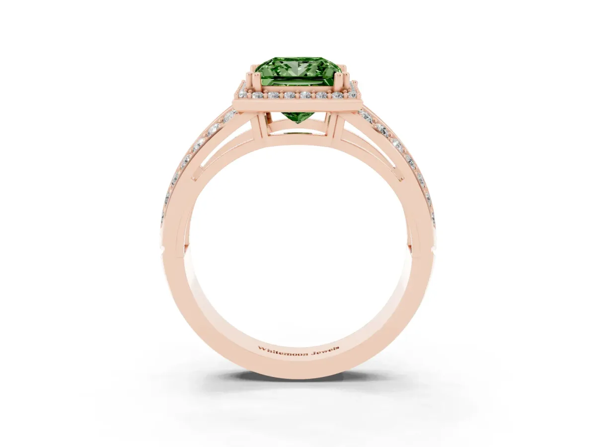 Fancy Green Princess Cut Diamond Halo Ring with Split Shank Pavé Band and Four-Prong Setting Rose gold