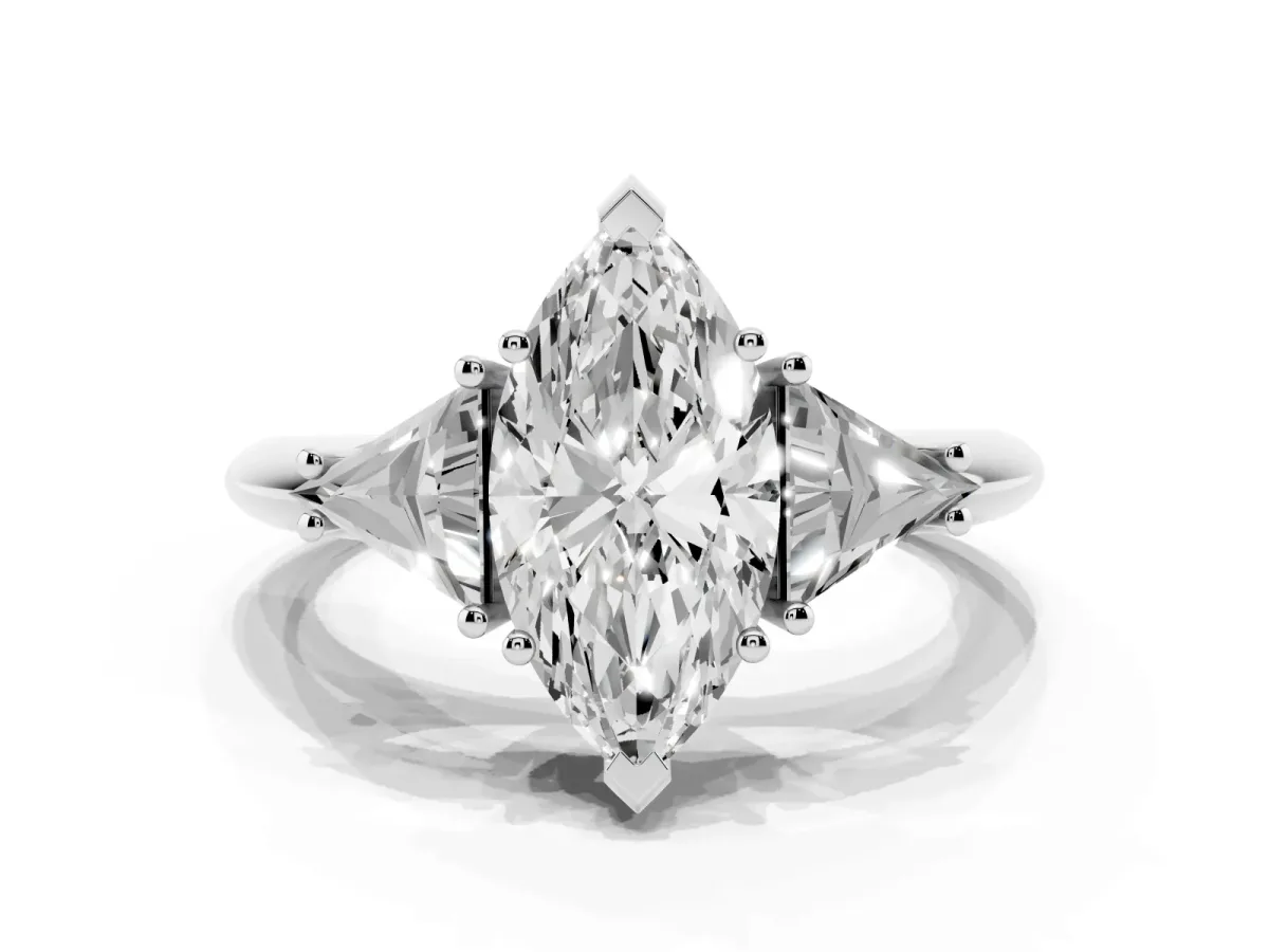 Three-Stone Marquise Cut Diamond Engagement Ring with Trillion Side Stones and Prong Setting Silver
