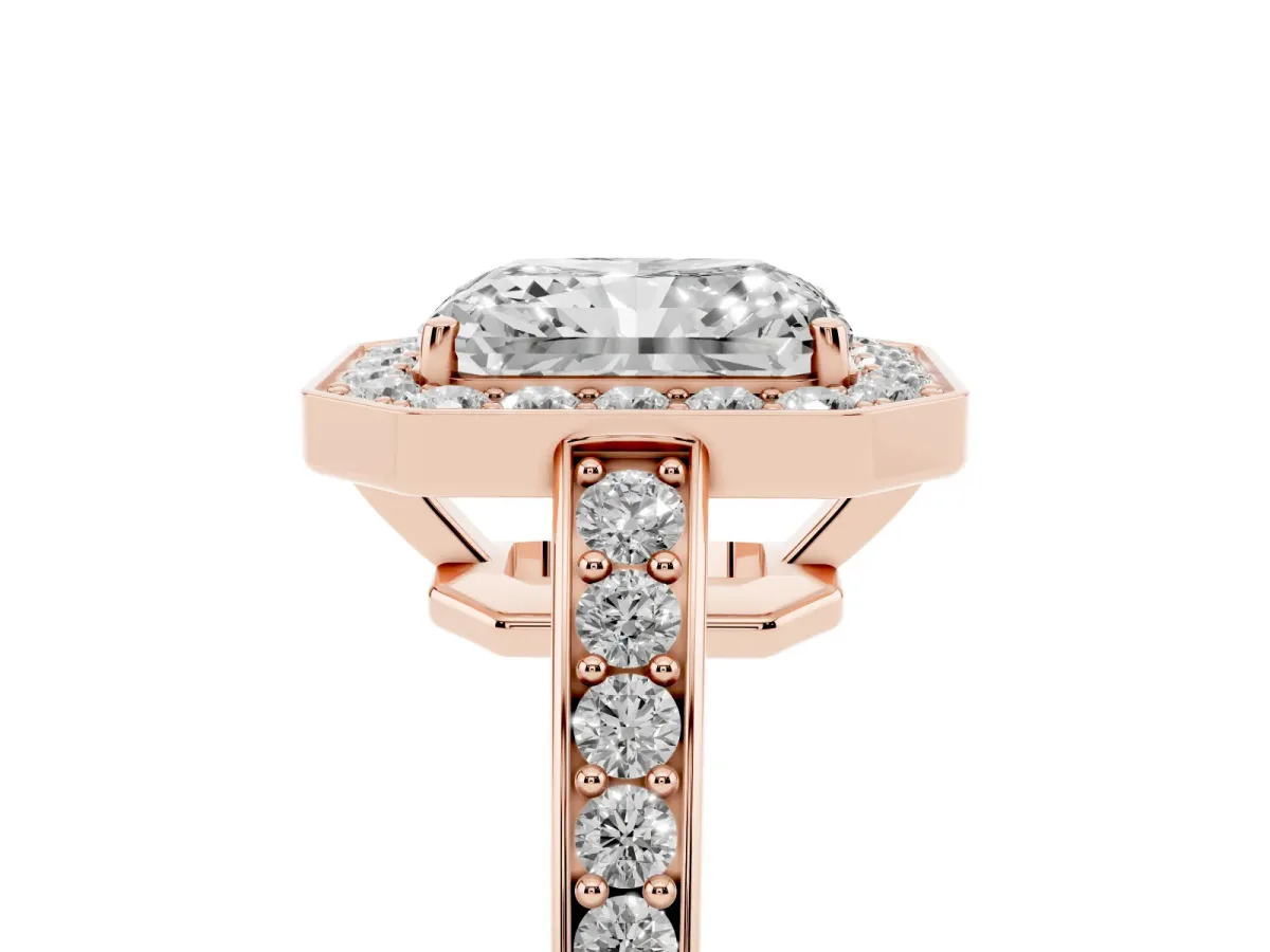 Radiant Cut Halo Pavé Diamond Engagement Ring with Bezel Setting Rose gold