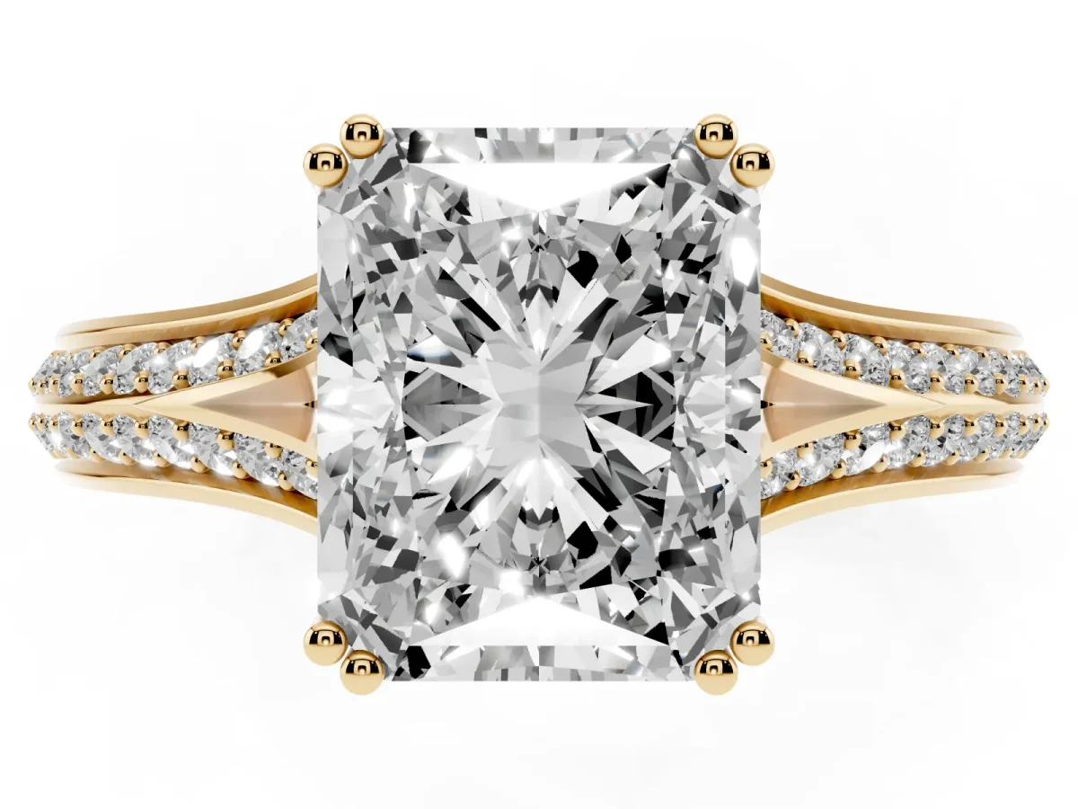 Radiant Cut Diamond Split Shank Engagement Ring with Pavé Band Yellow gold