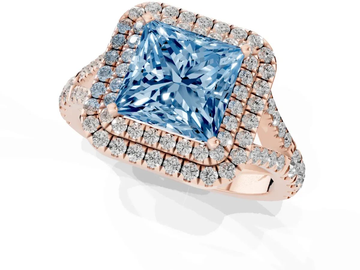 Fancy Blue Princess Cut Diamond Pavé Split Shank Double Halo Engagement Ring Rose gold