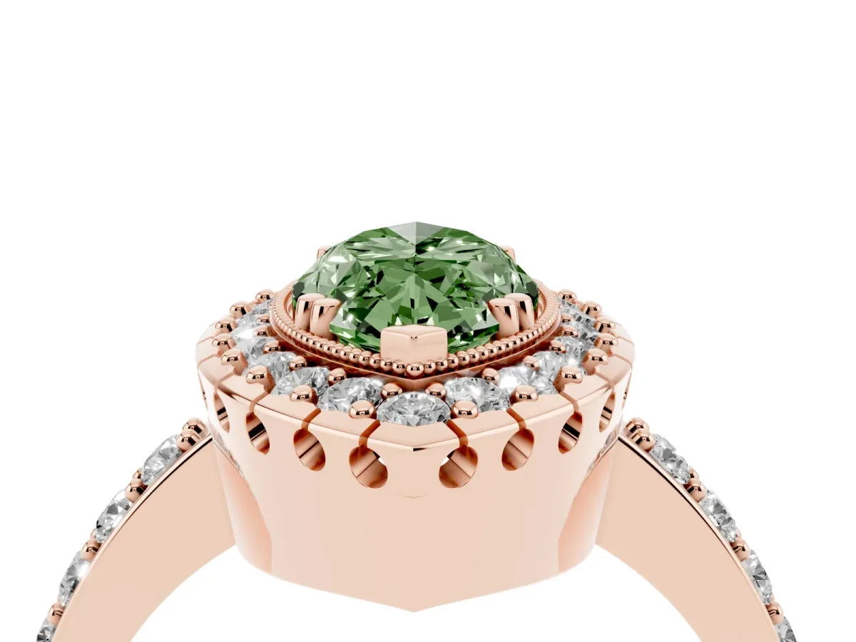 Fancy Green Marquise Cut Diamond Halo Ring with Pavé Band and Prong Setting Rose gold
