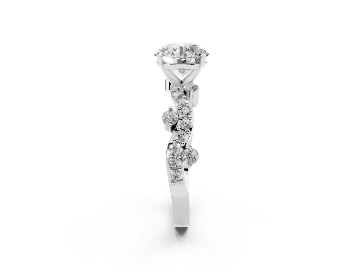 Round Cut Cut Solitaire Diamond Twisted Band with Pave Setting Silver