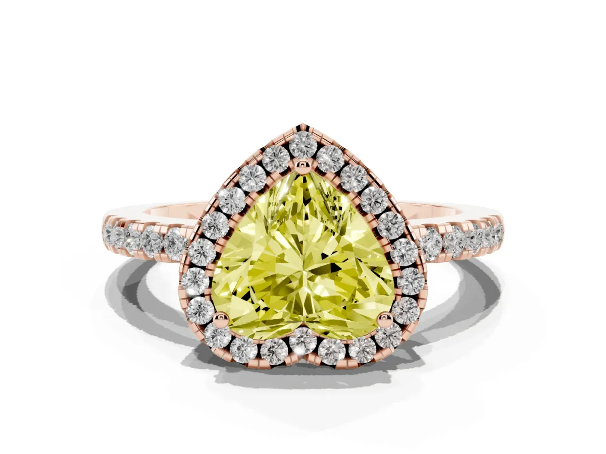 Fancy Yellow Heart Cut Halo Diamond Engagement Ring with Pavé Band and Four-Prong Setting Rose gold