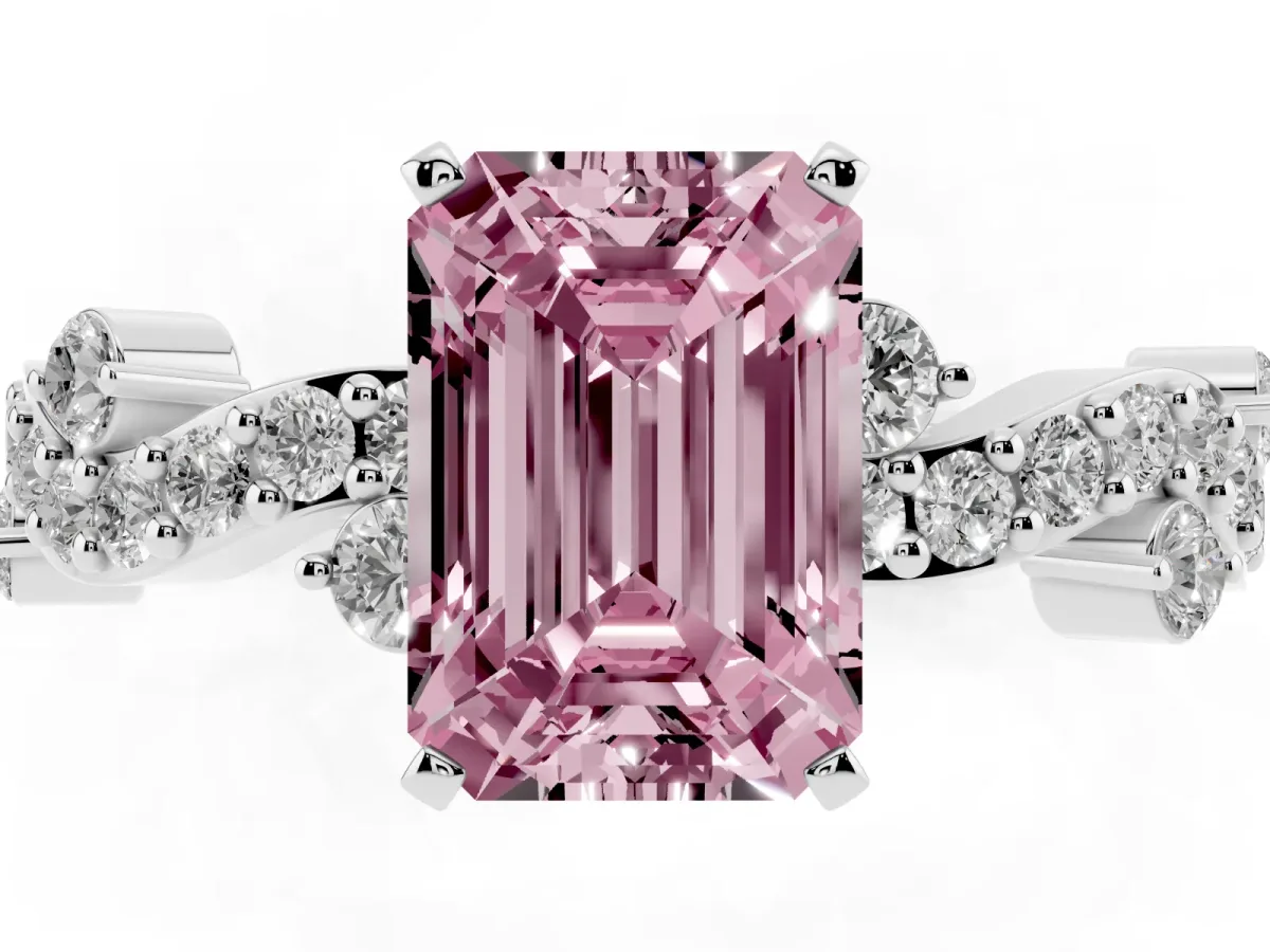 Fancy Pink Emerald Cut Cut Solitaire Diamond Twisted Band with Pave Setting Platinum