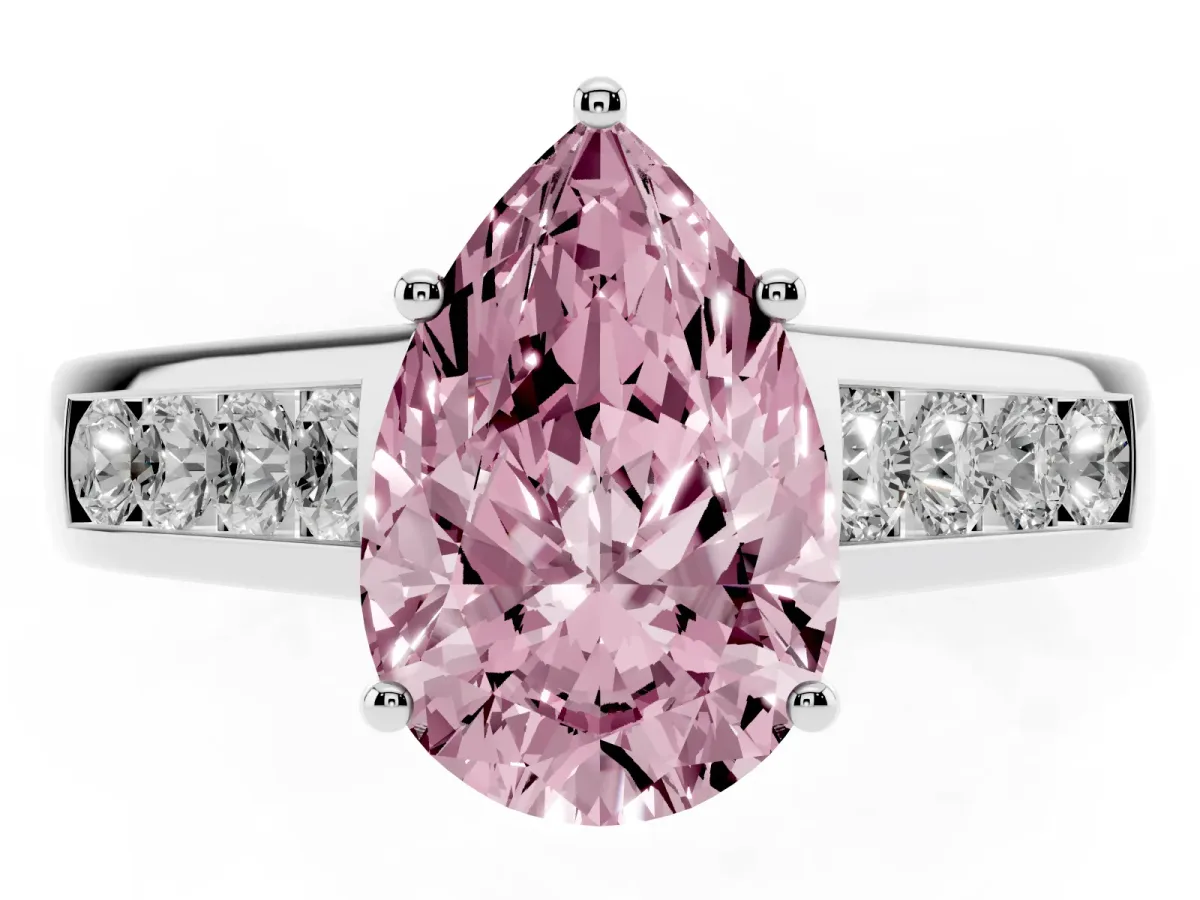 Fancy Pink Pear Cut Brilliant Channel-Set Solitaire Ring with Four-Prong Setting Silver